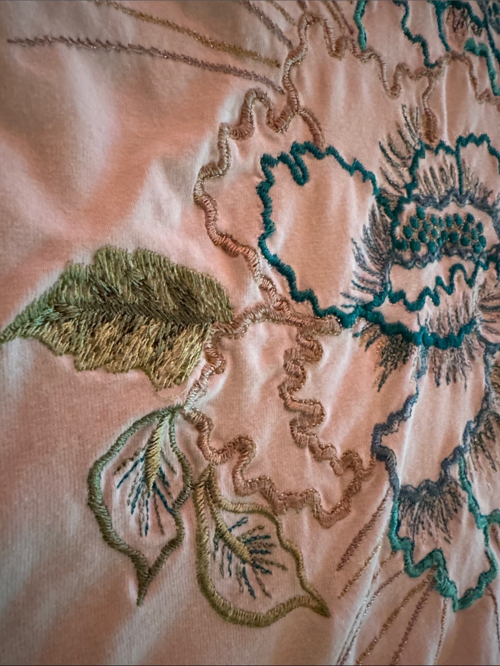 JM Collection White V-Neck Tee with Teal Floral Embroidery - Picture 2 of 8